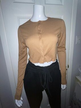 Long-Sleeve Button Cardigan - Camel